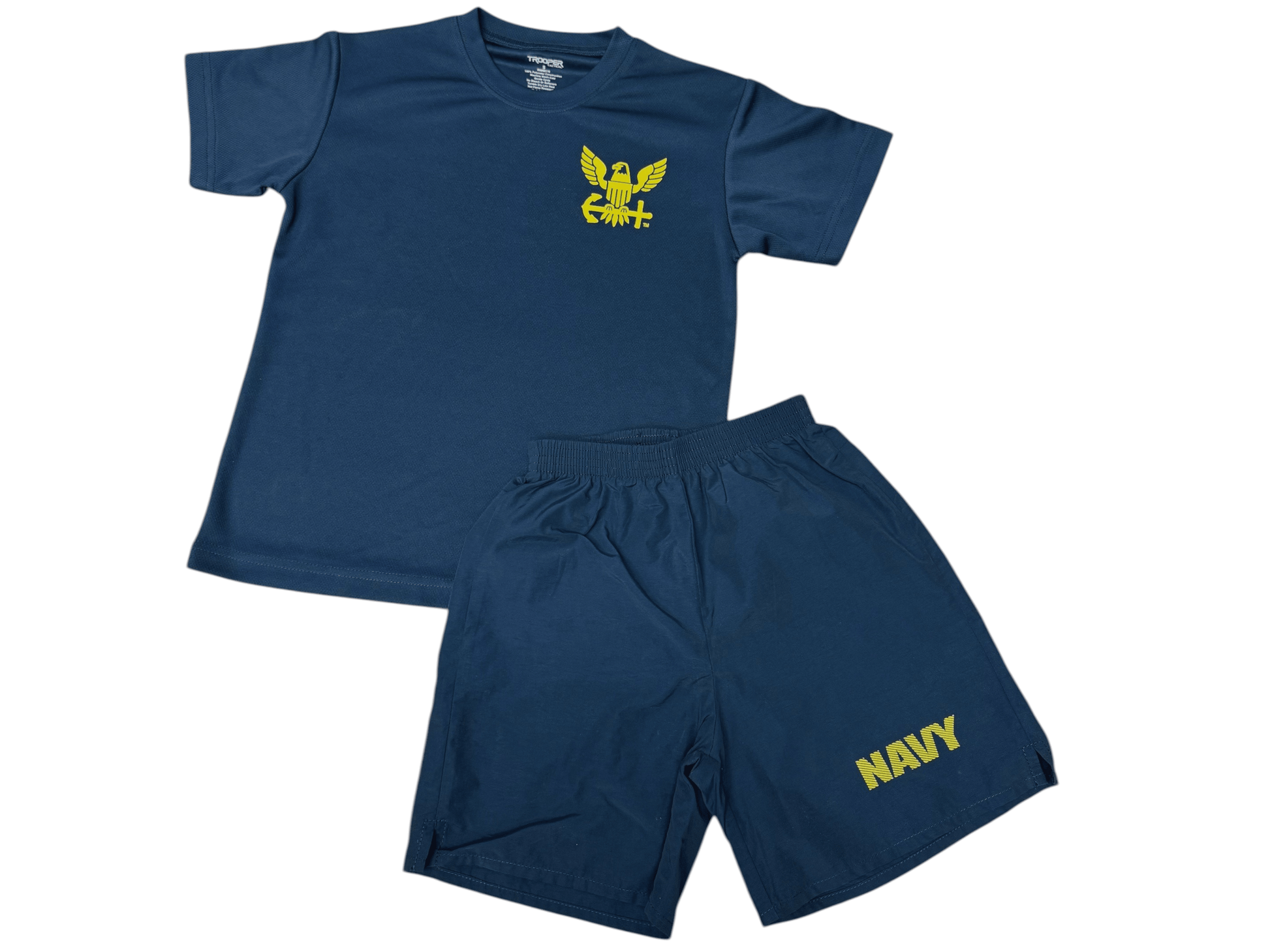 youth navy PT uniform for kids featuring a moisture-wicking top and elastic-waisted wind shorts in navy color.