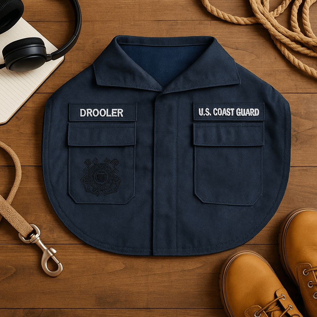 Coast Guard baby bib with cute design, perfect for drooly mealtime moments, navy blue and red colors.