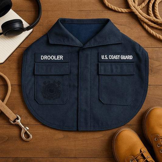 Coast Guard baby bib with cute design, perfect for drooly mealtime moments, navy blue and red colors.