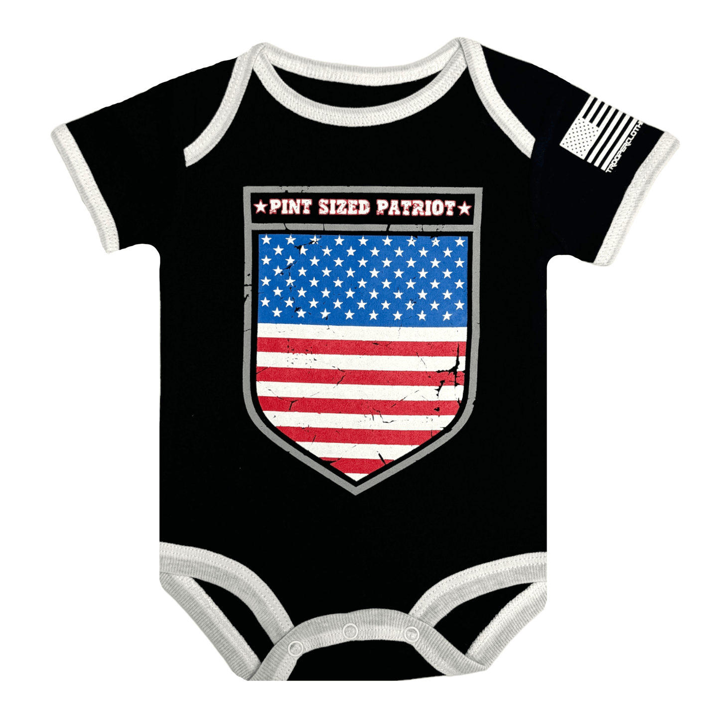 Baby Pint Sized Patriot bodysuit with American flag design and distressed shield.