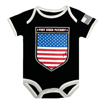 Baby Pint Sized Patriot bodysuit with American flag design and distressed shield.