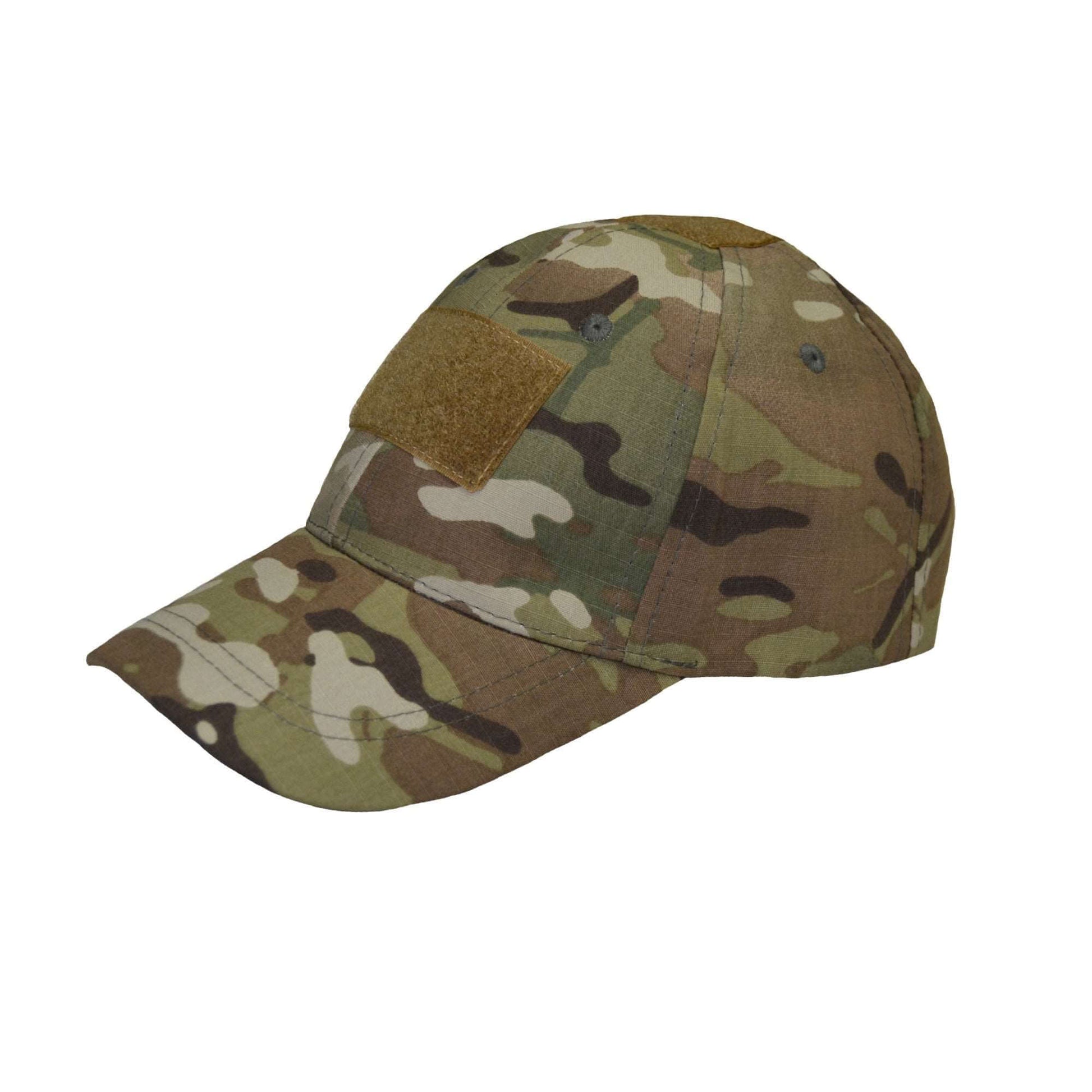 Camo tactical cap with hook and loop patch area for customization, featuring durable fabric and ergonomic design.