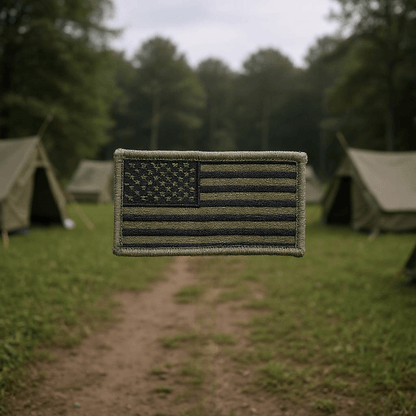 American Flag Patch on OD Green and Black background, patriotic embroidered symbol
