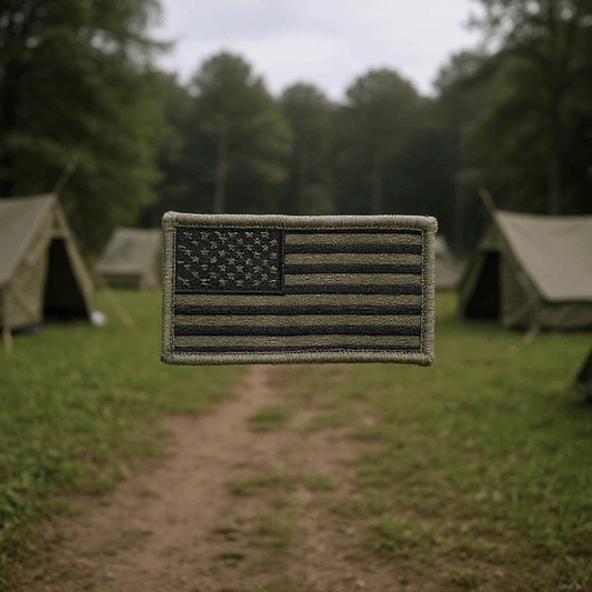 American Flag Patch on OD Green and Black background, patriotic embroidered symbol