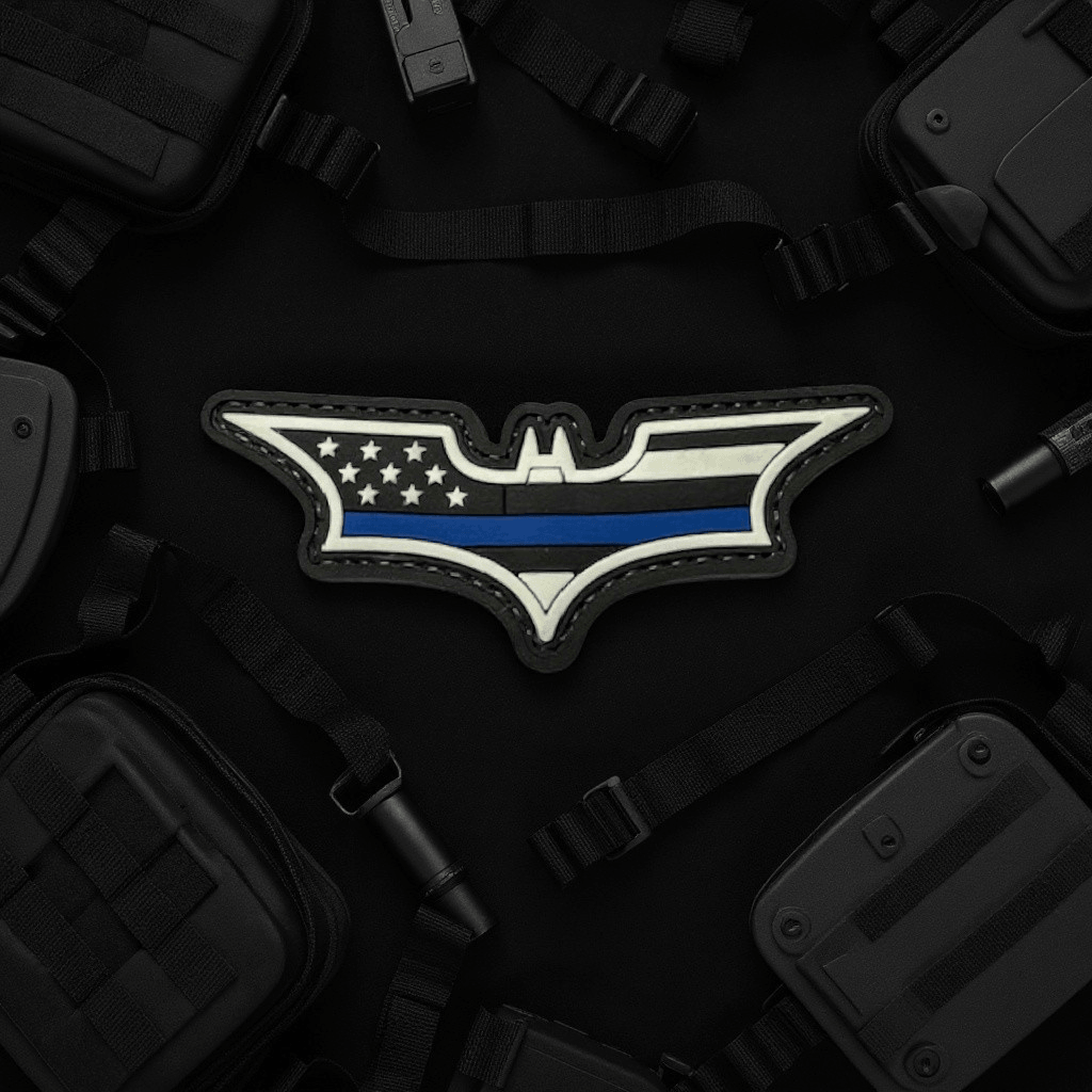 Blue Line Batman Patch displayed on a dark background surrounded by tactical gear and accessories.