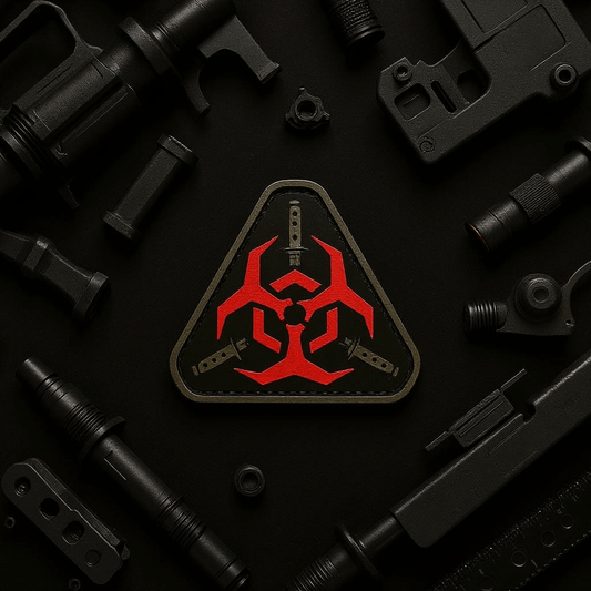 Biohazard Triangle PVC morale patch, embroidered design on PVC material, for tactical, military, and outdoor gear.