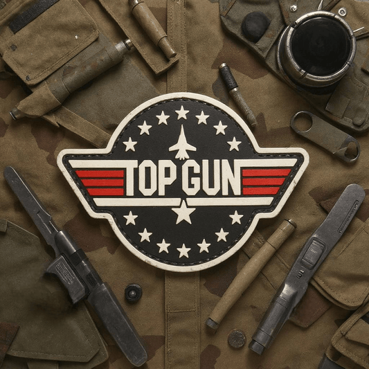 Top Gun PVC Flight Suit Patch with stars, 3 1/2" W x 2 1/2" H, designed for flight suits, featuring the focus keyword Patch.