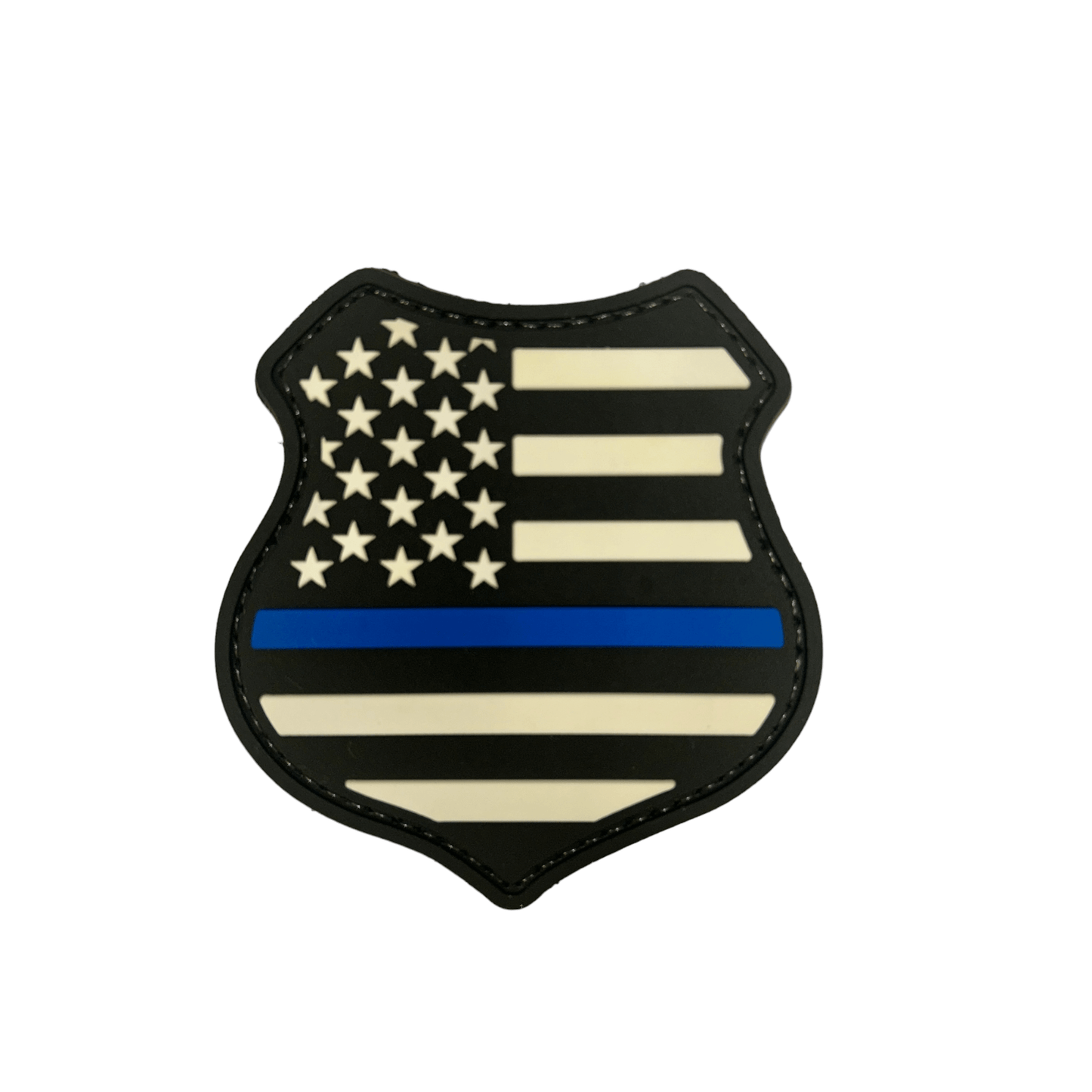 Thin Blue Line Shield Patch featuring a black PVC design with white stars and bars and solid blue line.