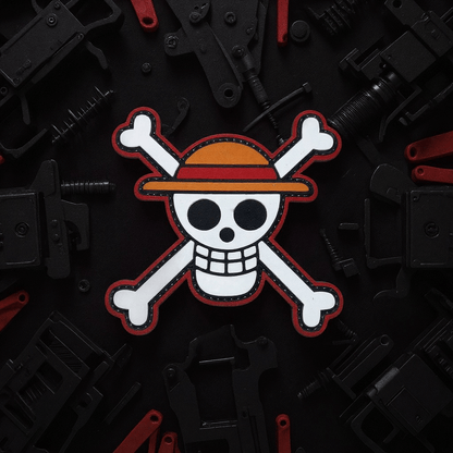 Patch featuring a straw hat pirate design, perfect accessory for anime fans and easily attached to various items.
