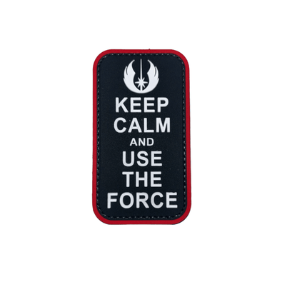Patch featuring 'Keep Calm and Use The Force' with Jedi symbol, black with white text and red trim, dimensions 3.5" x 2".