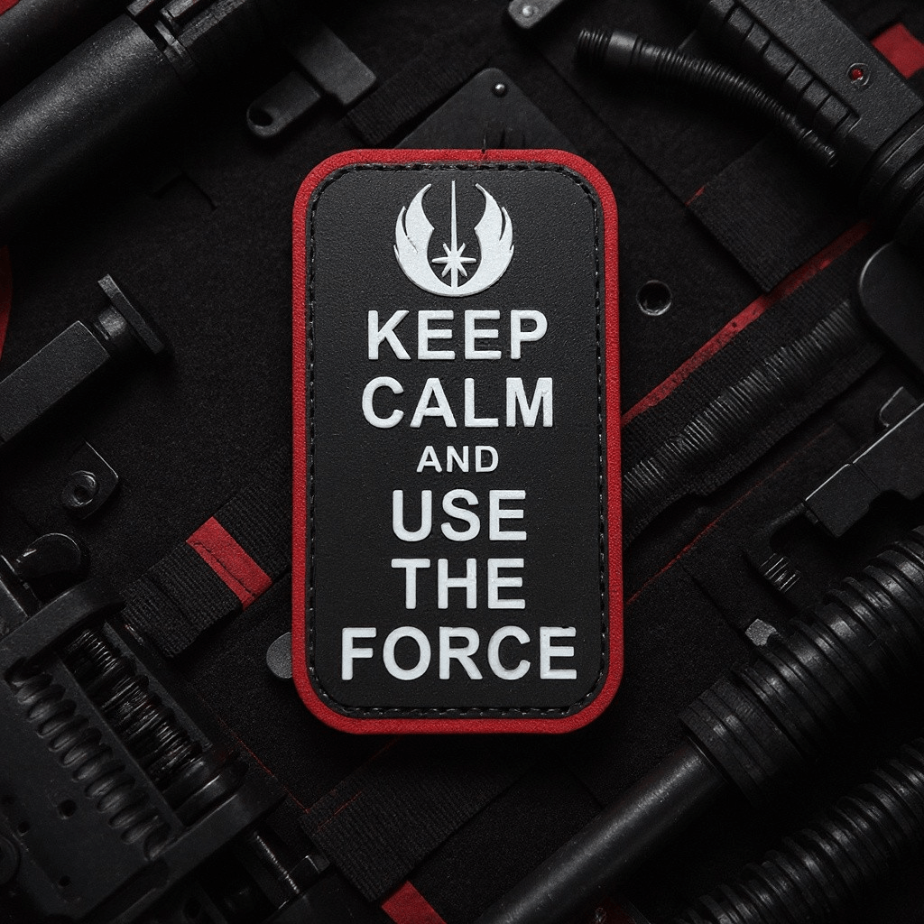 Patch Jedi Use The Force PVC Patch with red trim and Jedi Order symbol, 3.5" x 2" size.