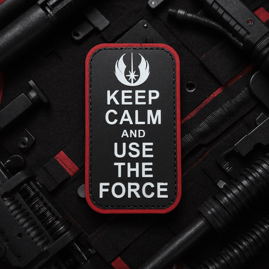Patch Jedi Use The Force PVC Patch with red trim and Jedi Order symbol, 3.5" x 2" size.