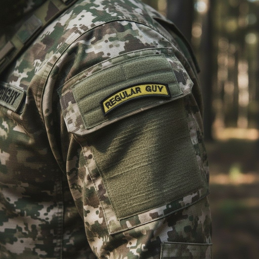 Close-up of a shoulder patch featuring the text 'REGULAR GUY,' showcasing the Regular Guy Embroidered Rocker Patch.