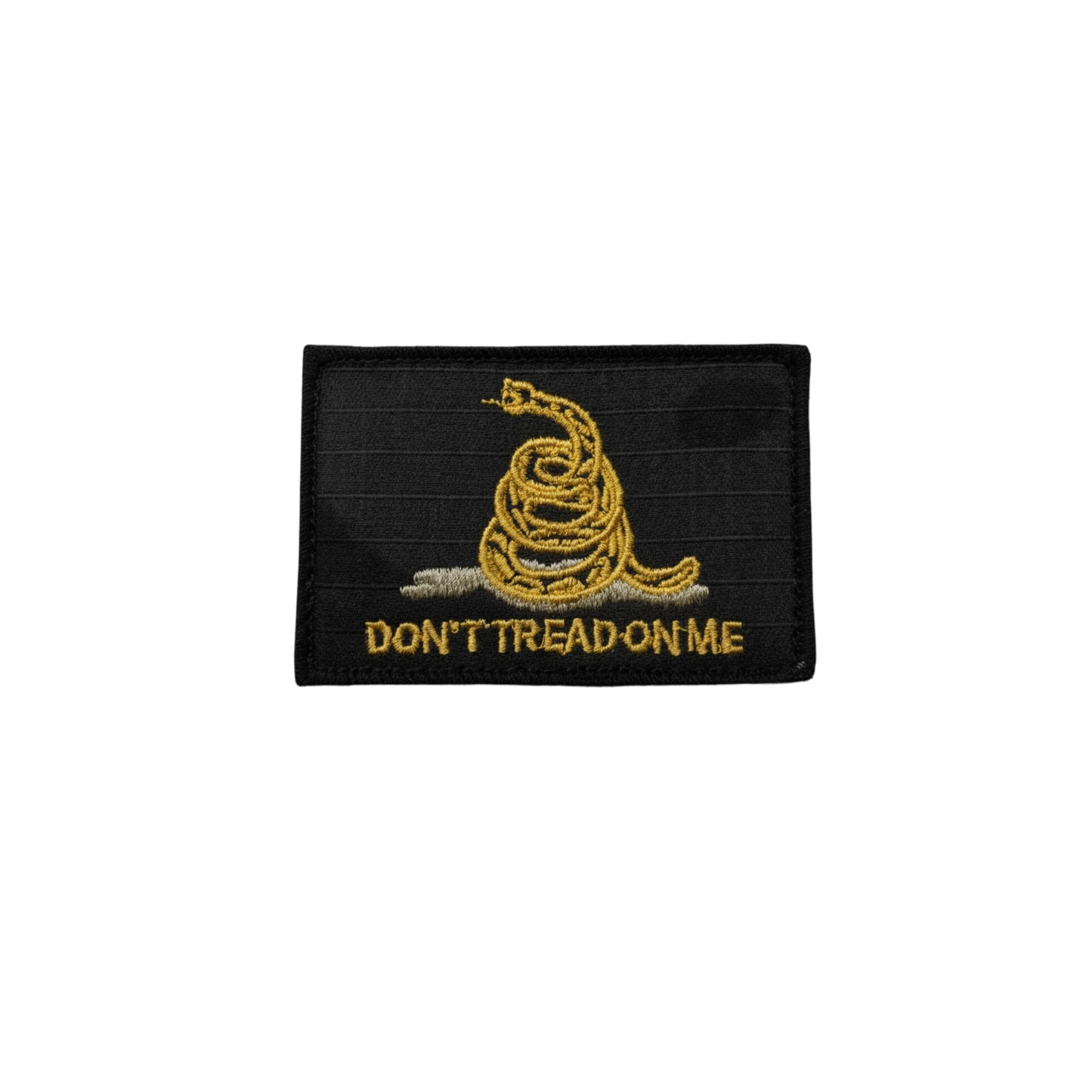 Don't Tread On Me Multicam Black patch with snake design and embroidered lettering, ideal for gear upgrades.