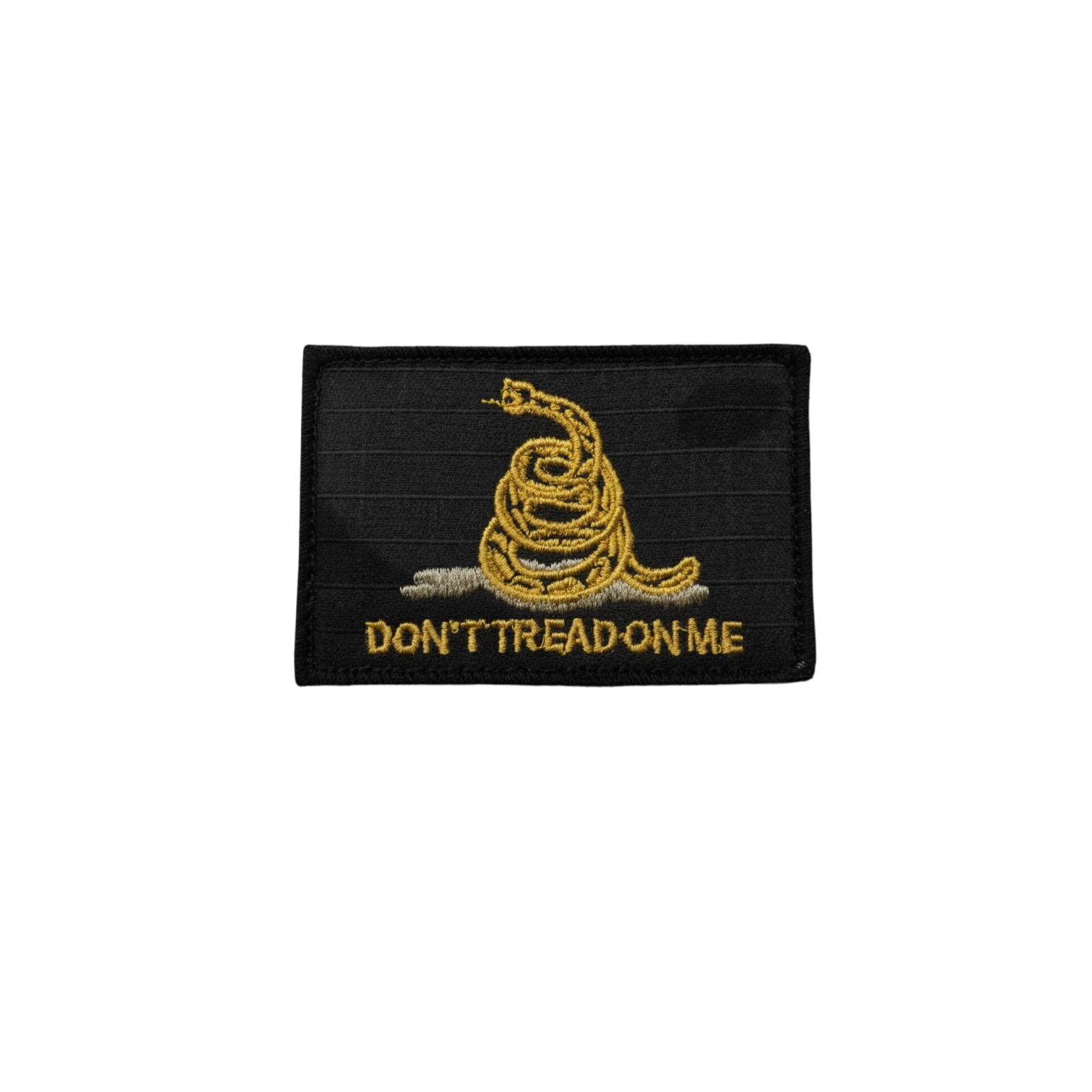 Don't Tread On Me Multicam Black patch with snake design and embroidered lettering, ideal for gear upgrades.