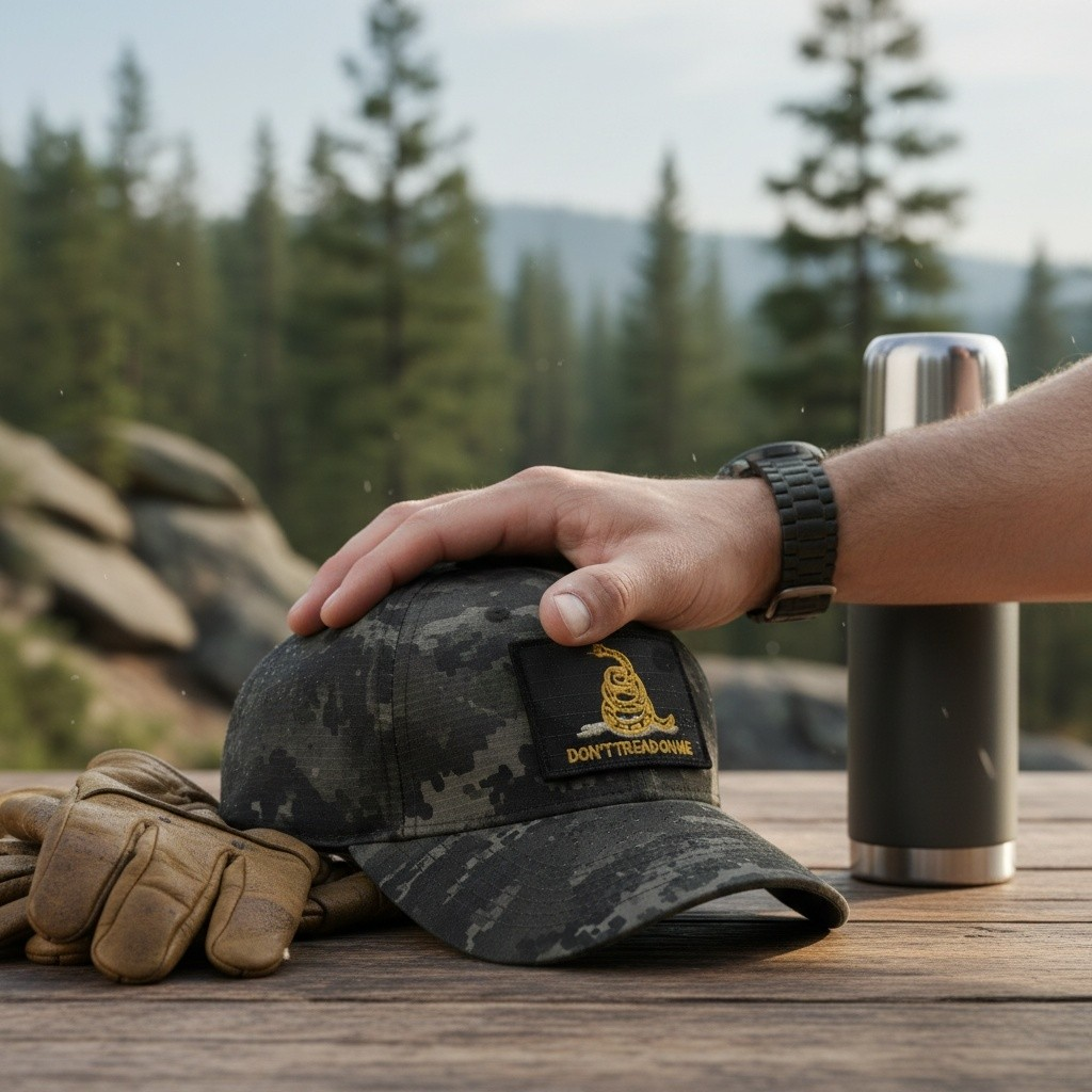 Don't Tread On Me Multicam Black patch on a cap beside gloves and a thermos in an outdoor setting.