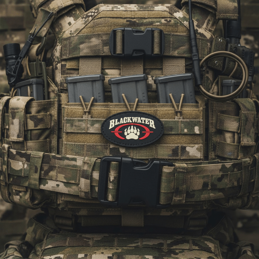 Blackwater PVC patch displayed on tactical gear with magazines, showcasing original logo and hook-and-loop backing.