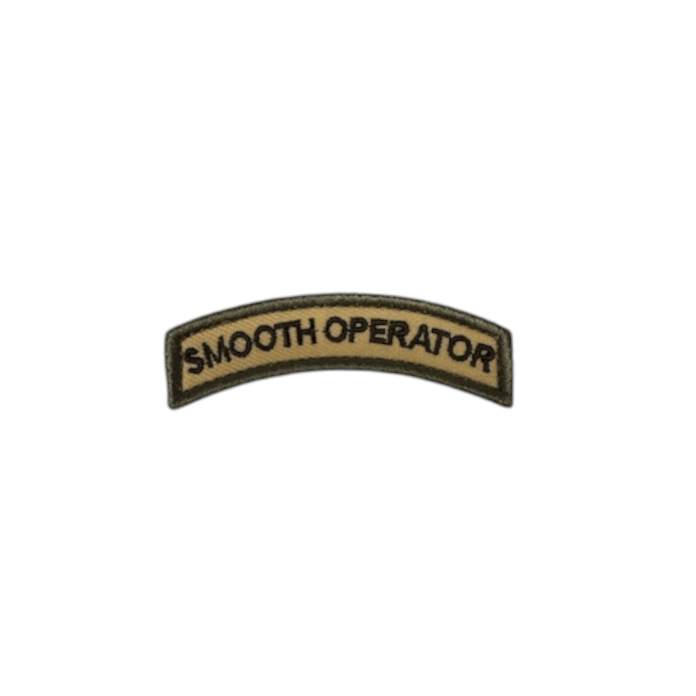 Embroidered Smooth Operator rocker patch in OD Green and Tan, 3" x 1.5", with hook and loop backing.