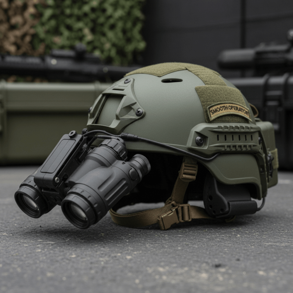 Smooth Operator embroidered patch on tactical helmet with night vision goggles, perfect for operators and tactical gear.
