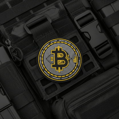 Bitcoin-Patch displayed on tactical gear, featuring a round PVC design with Bitcoin logo and text.