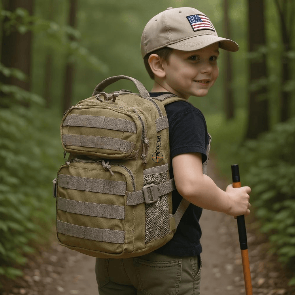 Youth with Backpack in the woods wearing a cap, featuring tactical Molle grid and multiple compartments.