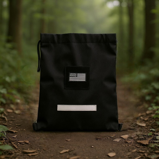Black tactical drawstring backpack with durable material and adjustable straps for versatile use.