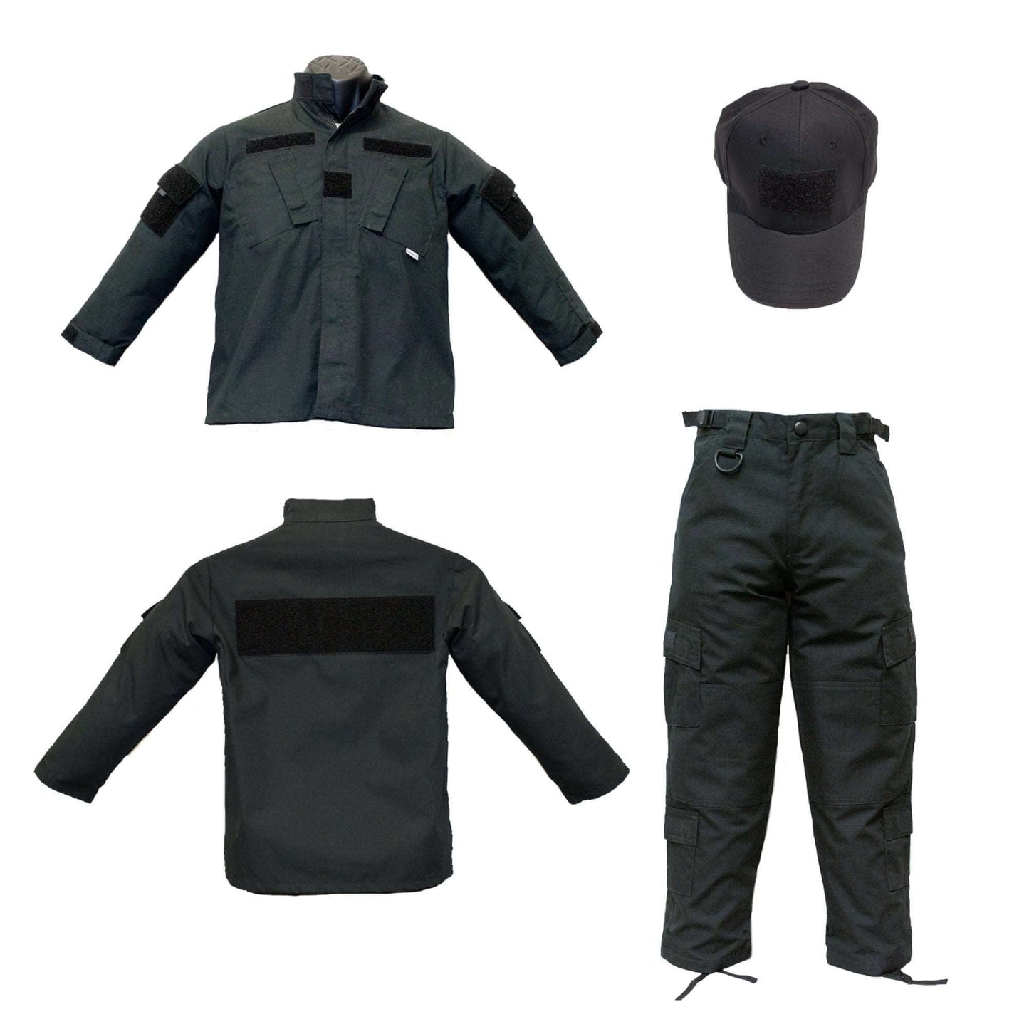 Police Youth Black Tactical Uniform 8 PC Combo featuring jacket, pants, and cap for young aspiring officers.