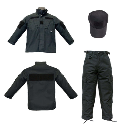 Police Youth Black Tactical Uniform 8 PC Combo featuring jacket, pants, and cap for young aspiring officers.