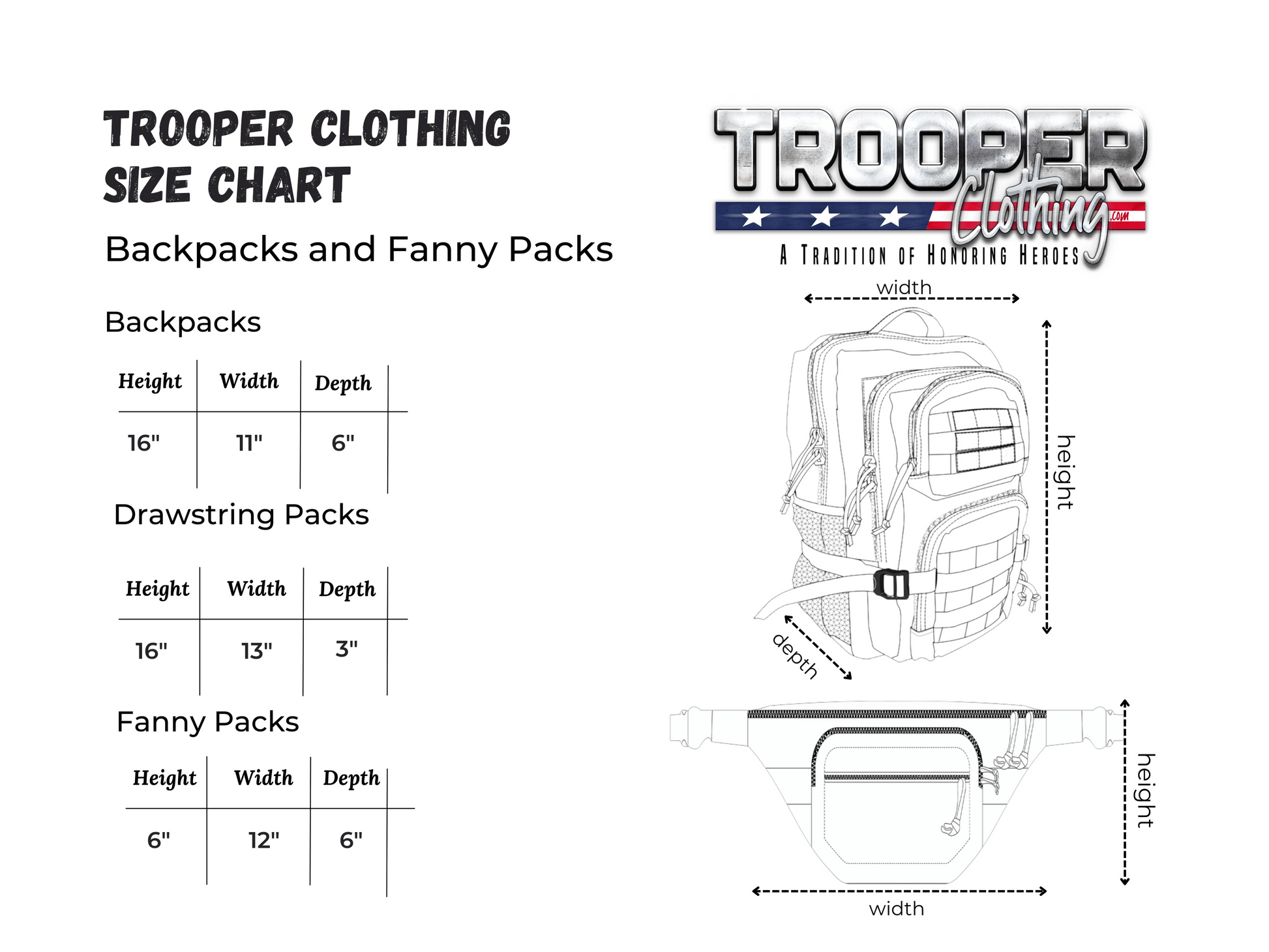 Trooper Clothing size chart showing dimensions for backpacks and fanny packs including height, width, and depth measurements.