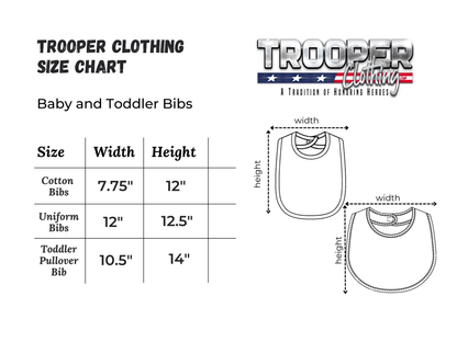 Trooper Clothing size chart for baby and toddler bibs with dimensions and styles listed.