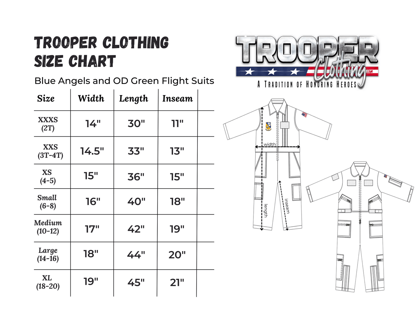 Trooper Clothing size chart for youth flight suits including measurements for various sizes.