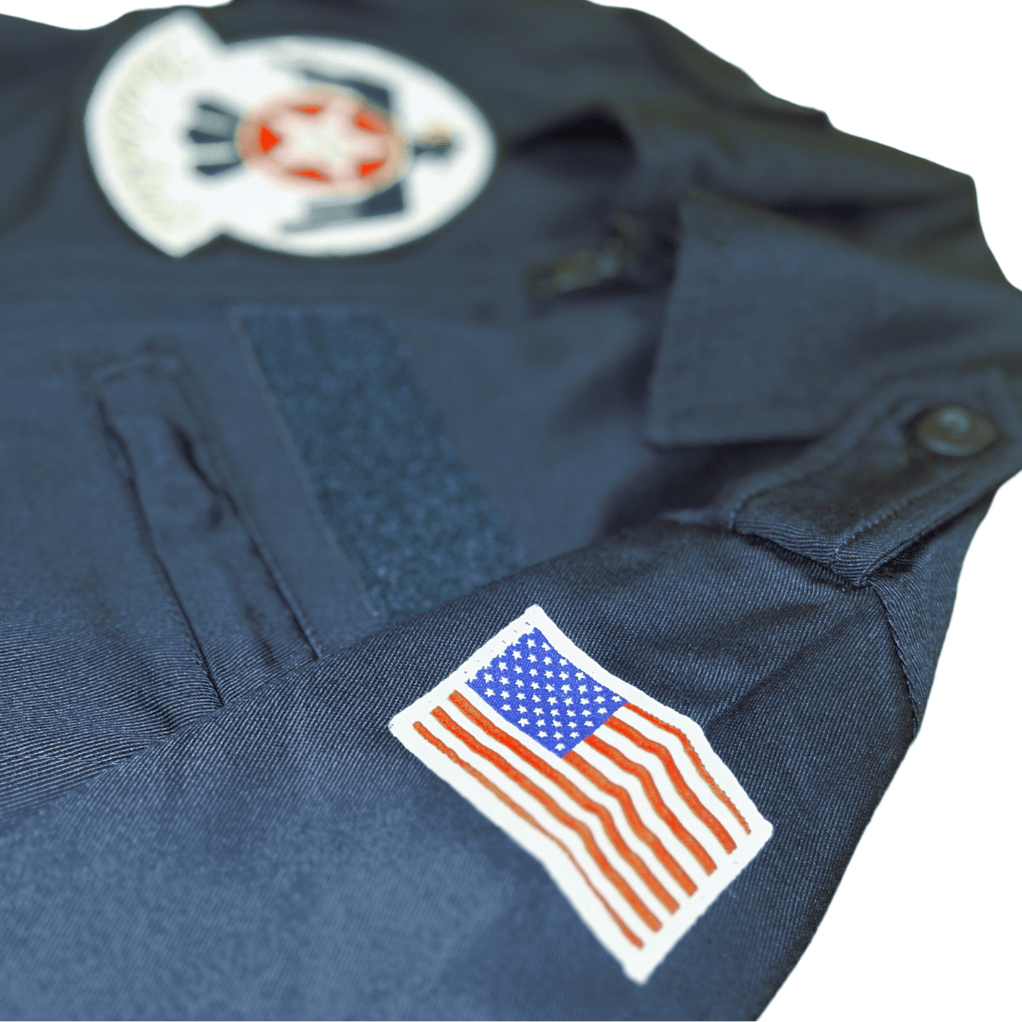 Close-up of the Licensed Youth Air Force Thunderbirds Flight Suit showing embroidered patches and American Flag.