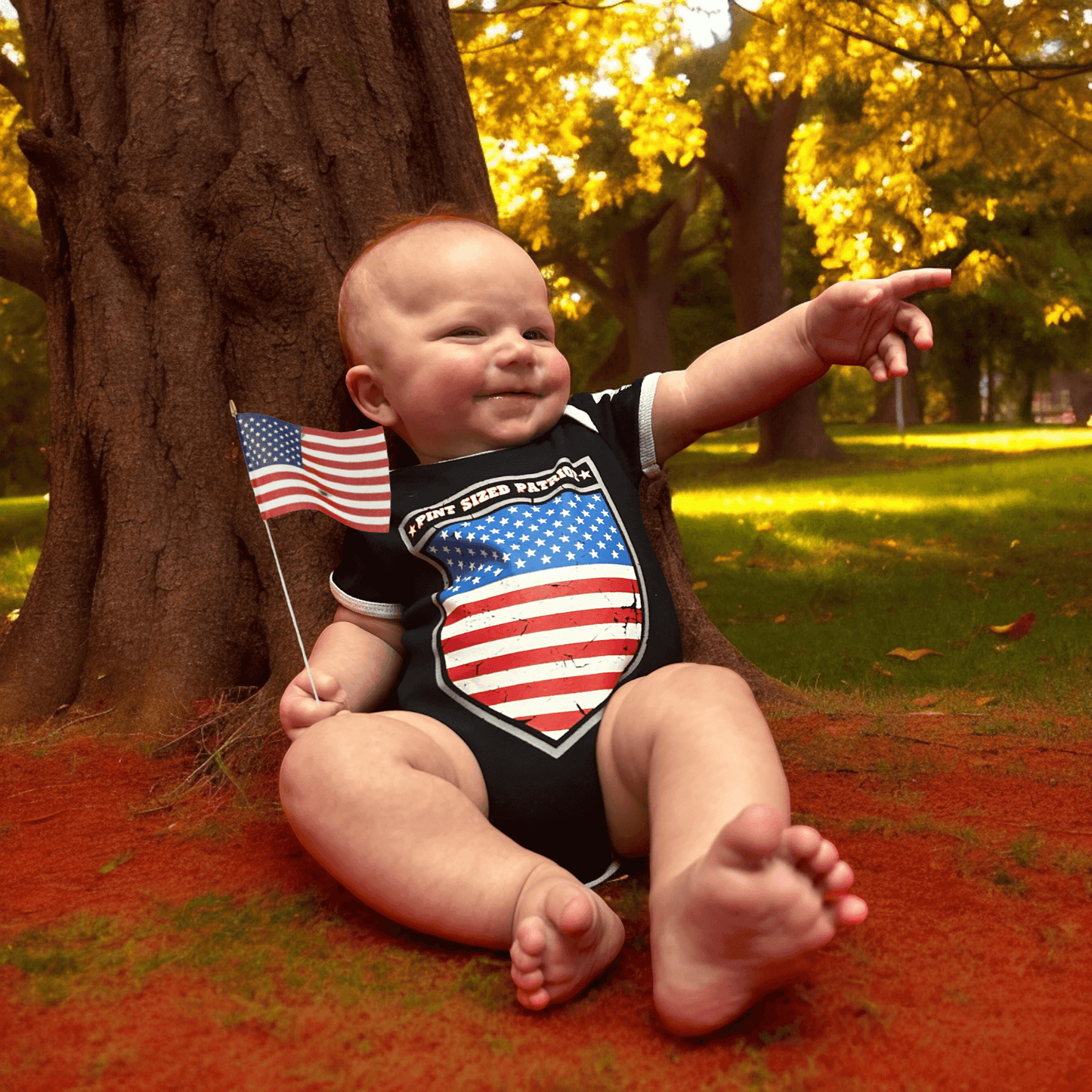 Baby wearing a Pint Sized Patriot bodysuit with American flag, sitting outdoors with fall foliage.