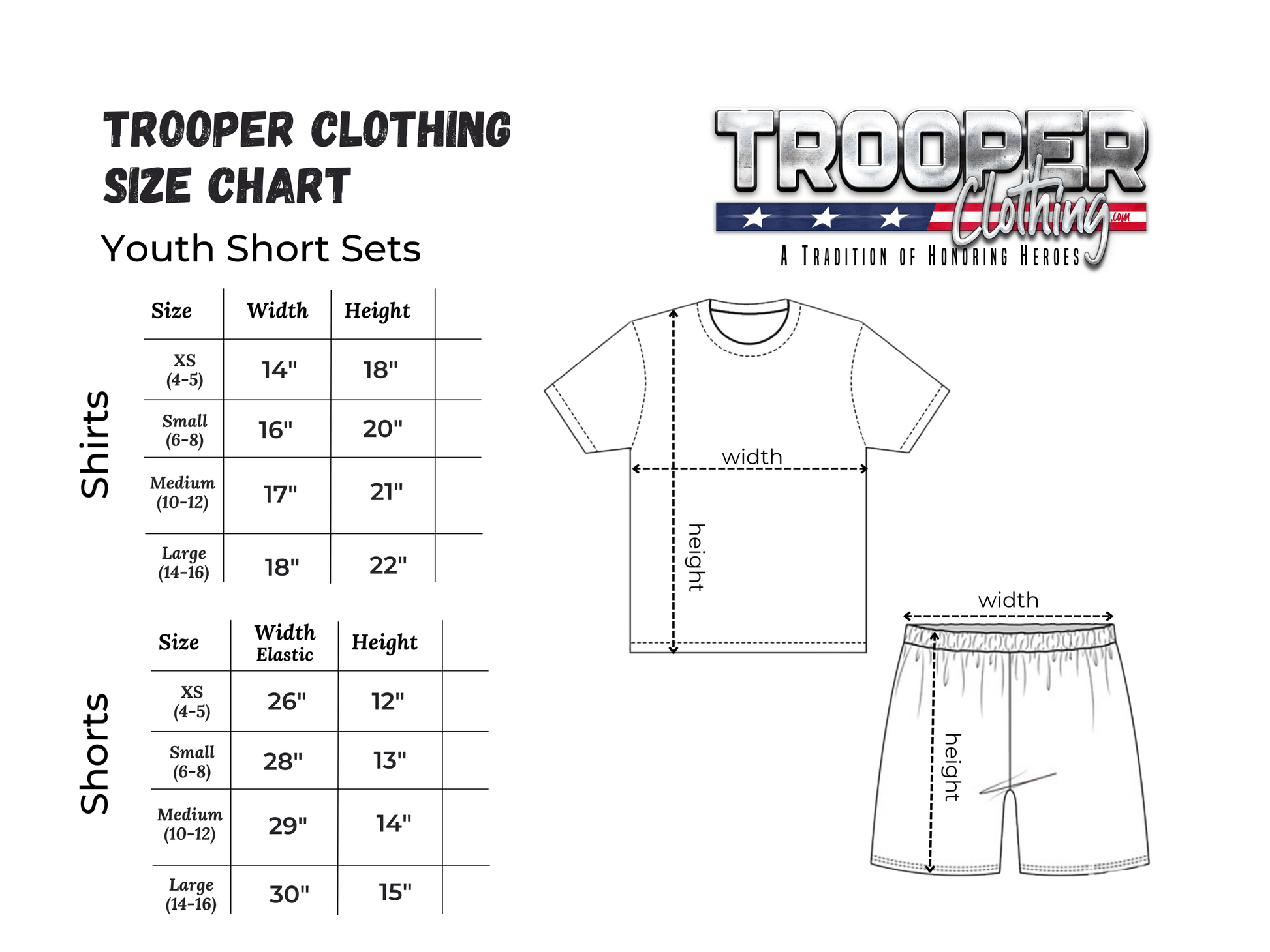 Trooper Clothing size chart for Youth Navy PT Uniform, detailing sizes for shirts and shorts.