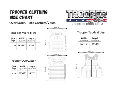 Multicam Youth Slick Plate Carrier size chart for Trooper Clothing with measurements for various vests.