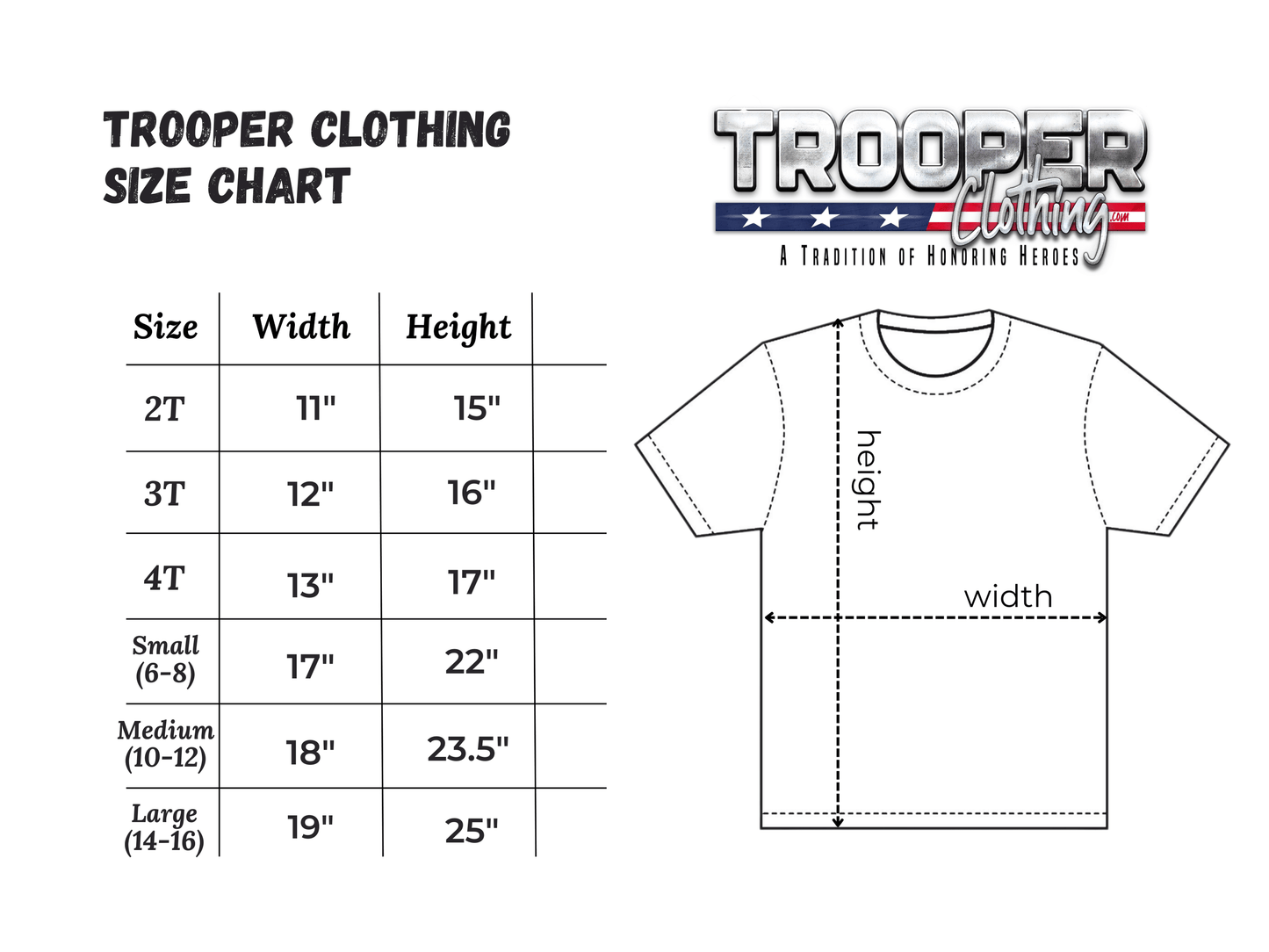 Trooper Clothing size chart for youth and adult sizes, ideal for selecting a patriotic youth t-shirt.