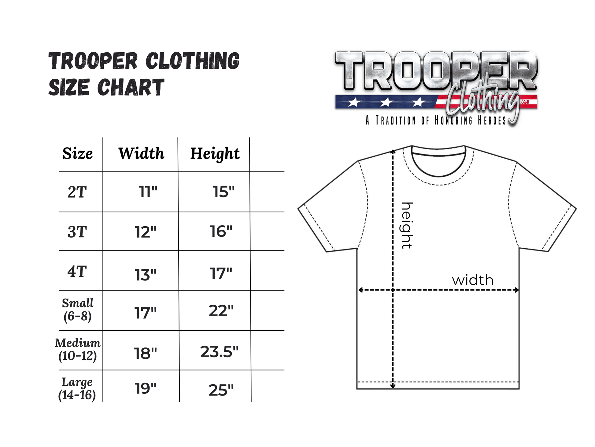 Trooper Clothing size chart for youth and adult sizes, ideal for selecting a patriotic youth t-shirt.