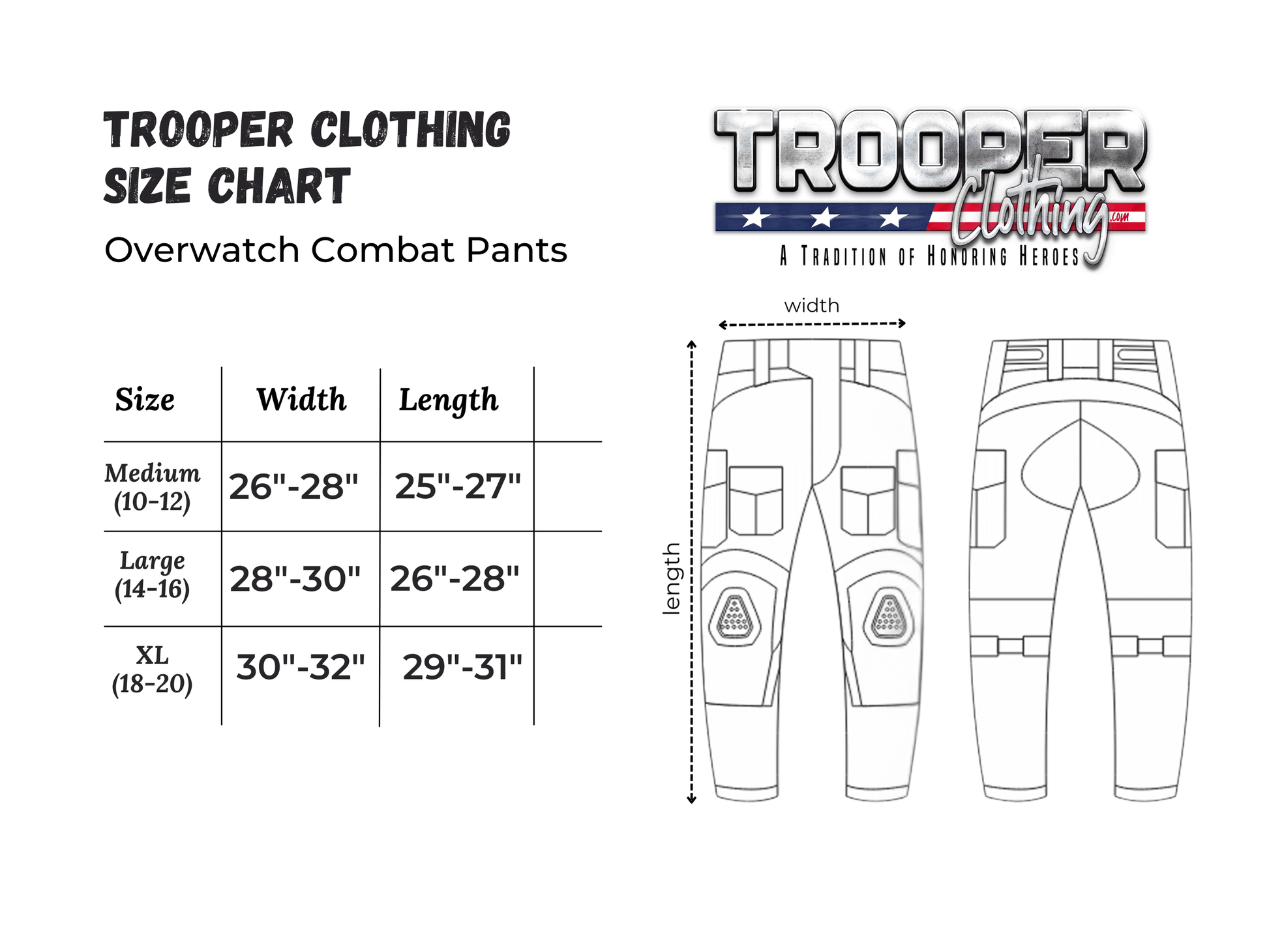 Trooper Clothing size chart for Overwatch Combat Pants, detailing sizes Medium, Large, and XL with width and length measurements.