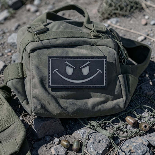 Patch Black and Gray Smiley PVC on an olive green bag, measuring 2 3/8" x 1 1/4", with a hook-and-loop backing.