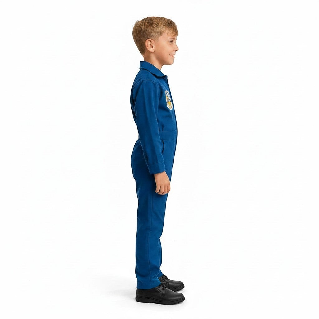 Trooper Clothing youth Blue Angels flight suit in blue with embroidered patches worn by a young boy in profile view