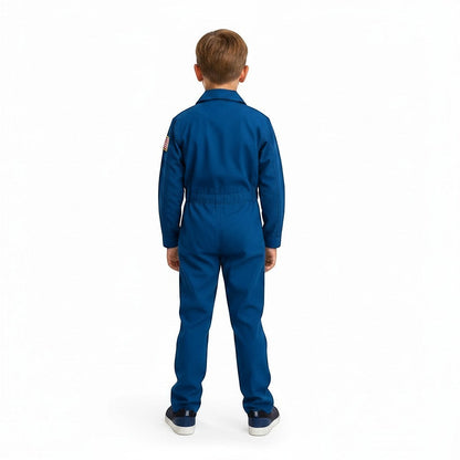 Back view of a child wearing a Trooper Clothing blue Blue Angels flight suit with an American flag shoulder patch.