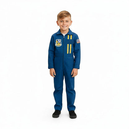 Trooper Clothing youth Blue Angels flight suit in blue with embroidered patches and yellow chest stripes