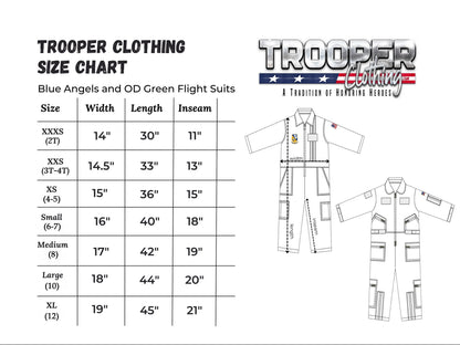 Trooper Clothing Blue Angels flight suit size chart with measurement guide for children's sizes XXXS to XL