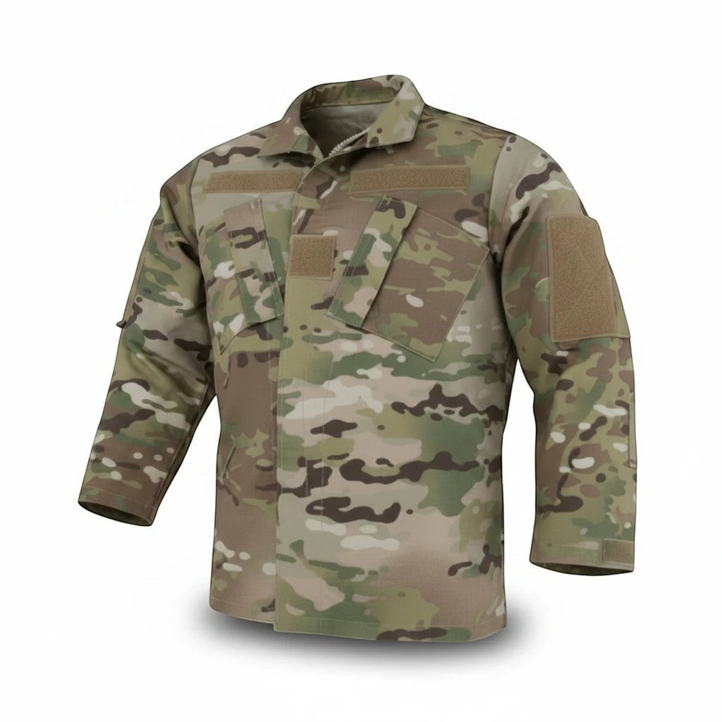 Trooper Clothing youth multicam ripstop uniform top with chest pockets and hook-and-loop patches for military gear.