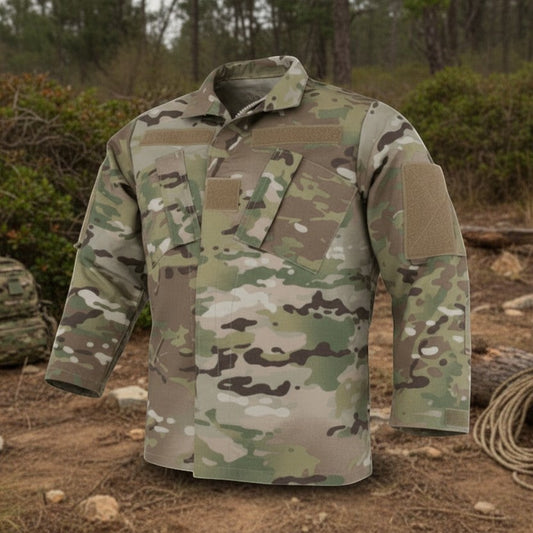 Trooper Clothing youth multicam uniform top in licensed durable ripstop fabric with chest pockets and hook-and-loop patches.