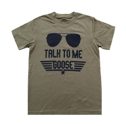 Youth Talk To Me Goose Shirt featuring aviator sunglasses design in OD Green color.